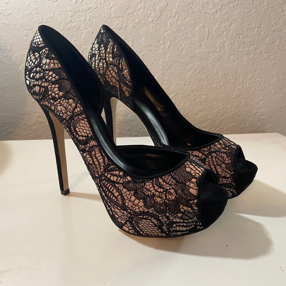 BEBE -TRINITY  Black Beige lace peep-toe heels